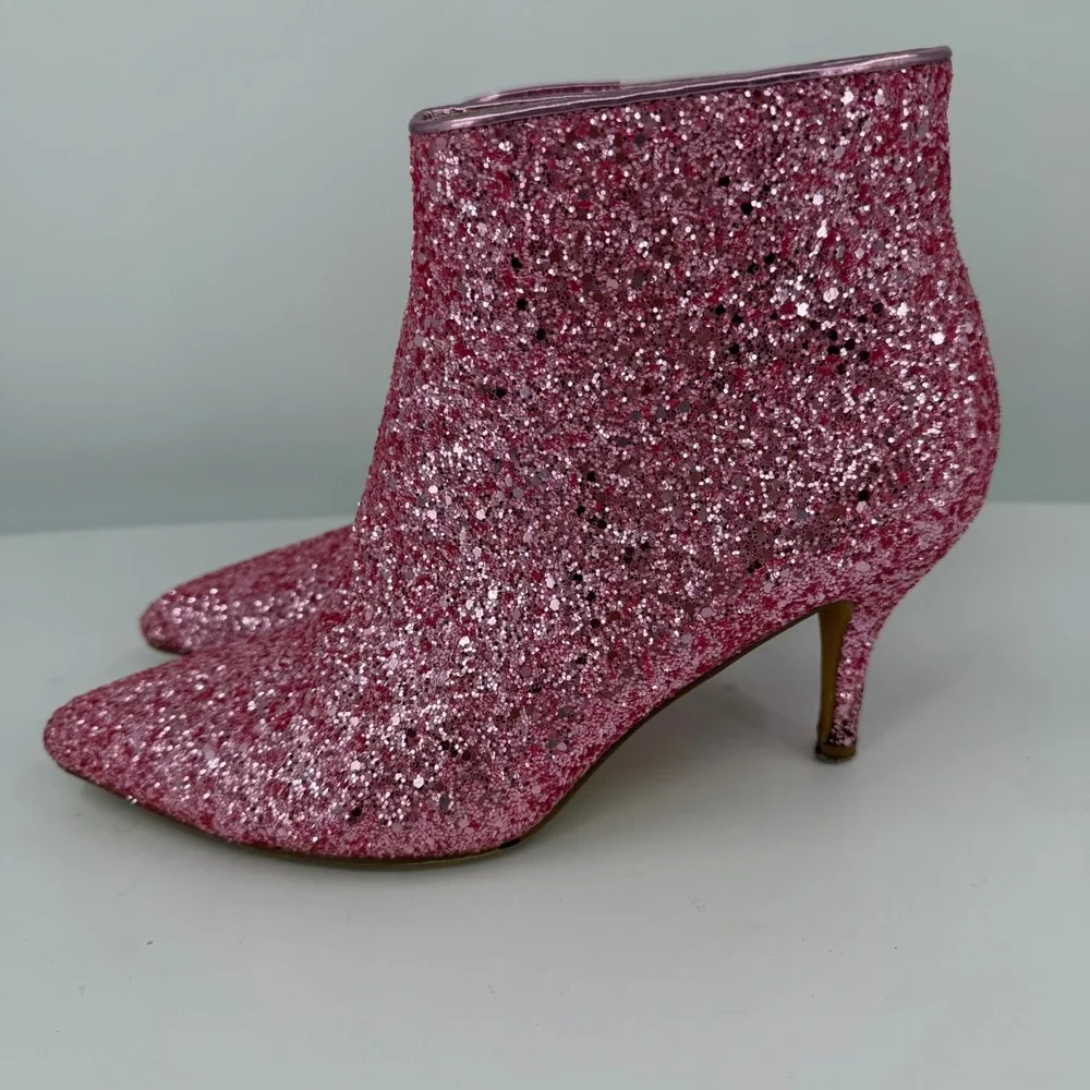 Allegra K Womens Pink Glitter Pointed Toe Kitten Heel Ankle Boots Size 9 Glam